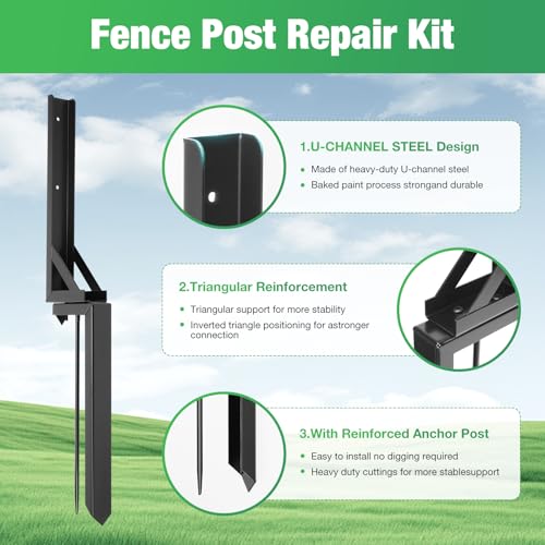 aleawol Fence Post Repair Kit Heavy Duty Support Stake, Steel Fence Post Repair Kit with Nails, Drill, Garden Fence Ground Spike for Repairing Damaged Fence Gate Posts Sign Posts or Mailbox