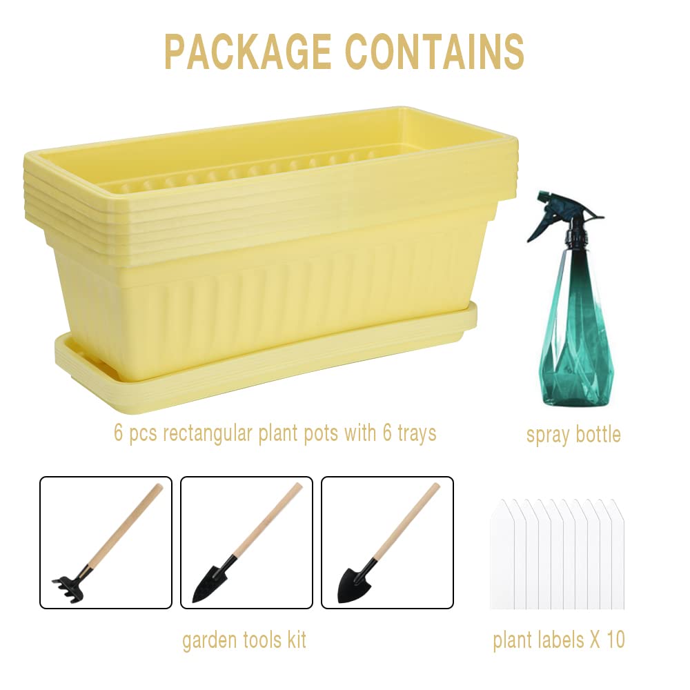 HOXHA 6 Pack Window Box Planter, 17 inches Plastic Vegetable Flower Planter Boxes with Tray, Rectangular Indoor and Outdoor Flower Pots for Windowsill, Patio, Porch, Garden Balcony