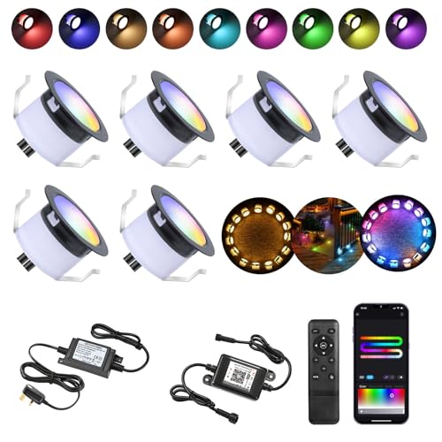 RGB LED Decking Lights,WiFi LED Deck Light (RGBIC-WW) IP67 Waterproof Ø31MM 12V Work with Alexa/Google Assistant,Plinth Deck Lights colorful Chasing Effec for Yard,Garden,Patio,Stair Decor-6 Pack