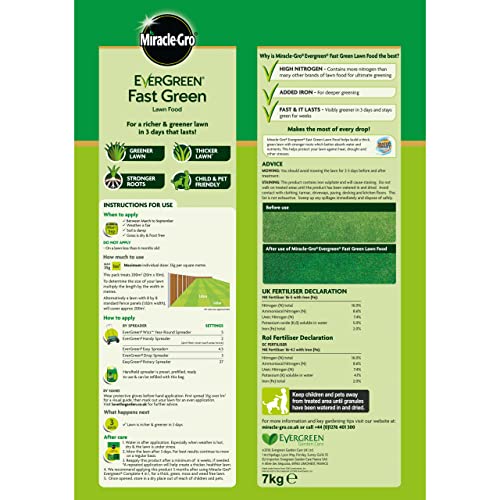 Miracle-Gro Fast Green Lawn Food, 7 kg Bag - 200 sq m Coverage (Child and Pet Friendly), Extreme Green