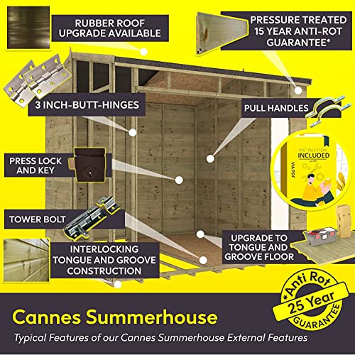 Project Timber 10 x 6 Cannes Wooden Summerhouse Garden Shed | French Door | Bi-Fold Double Door | Pressure Treated Tongue & Groove Cladding | Summer house French Door | Garden Summerhouse Shed