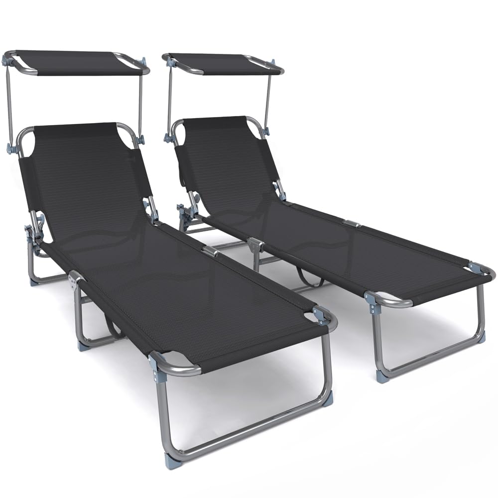 VOUNOT® Folding Sun Loungers Set of 2, Textilene Reclining Sunbed with Adjustable Backrest & Sunshade for Garden, Beach, Patio, Pool, Camp, Load 110 kg, Black