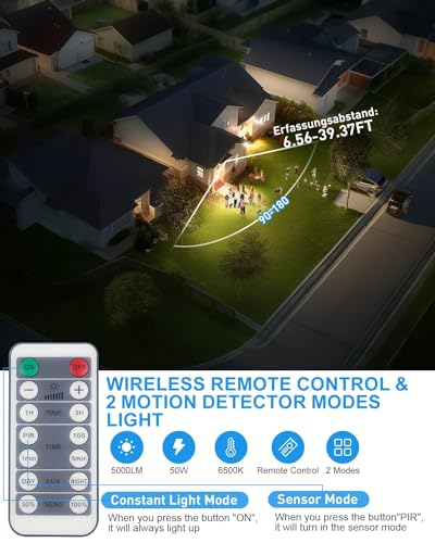 KALAHOL 2024 Newest 50W Security Lights Security Lights Outdoor Motion Sensor with IR Remote Control, 5000LM 6500K Cold White Outdoor Lights IP66 Waterproof LED Floodlights for Garden, Backyard