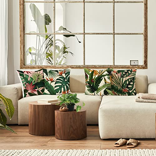 Bonhause Tropical Leaves Cushion Covers 45 x 45 cm Green Leaf Plant Decorative Throw Pillow Covers Polyester Linen Pillowcases for Sofa Patio Garden Outdoor Decor Set of 4