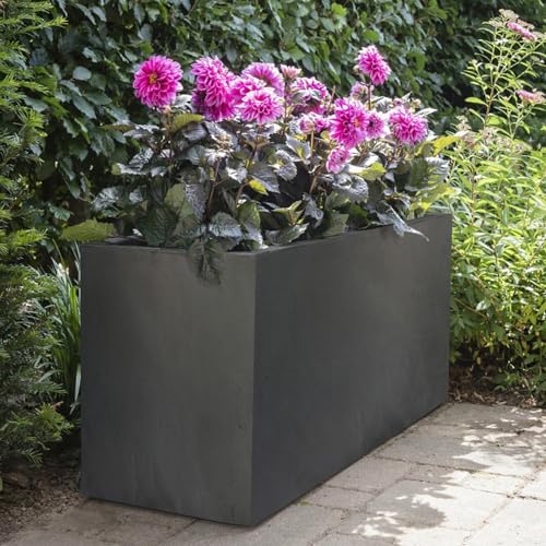 IDEALIST Set of 2 85cm Large Trough | Dark Grey Reinforced Stone Rectangle Plant Pot | Garden Planters with Drainage Holes L85 W26 H41 cm, 60 litres