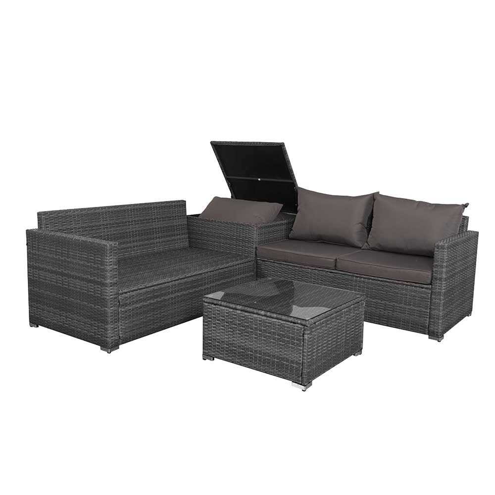 Panana 4 Seater Rattan Furniture Set Lounge Corner Sofa Set with Storage Cabinet, Coffee Table, Furniture Cover for Garden Patio Outdoor (Grey Wicker with Grey Cushions)