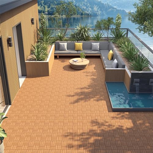 Yaheetech 1 Pack Acacia Wood Interlocking Patio Deck Tiles, Waterproof Solid Flooring Tiles for Indoor Outdoor, 31 cm W × 31 cm L Garden Deck for Patio Garden Poolside All Weather Use, Total 27pcs