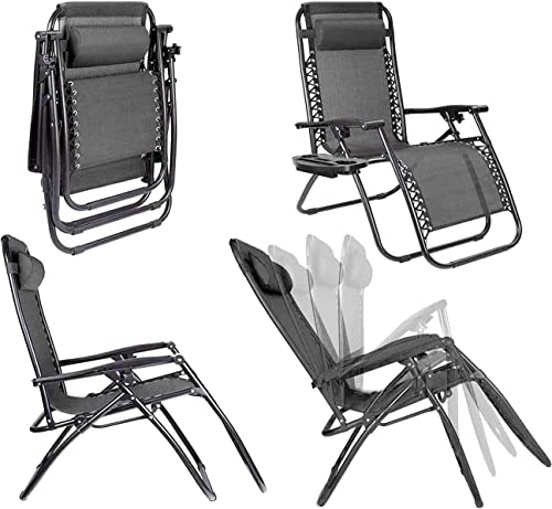Aspect Zero Gravity Chair, Outdoor Garden Sunloungers, Sturdy Textoline, Reclining Garden Chairs with Cup Holder and Pillow Headrest - Black