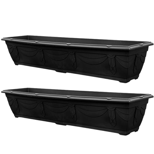 VR7 90cm Long Garden Planters 2 Pack Durable Plastic Trough for Raised Window Planting - Ideal for Flowers, Herbs, and Vegetables (Black, Without Trays)