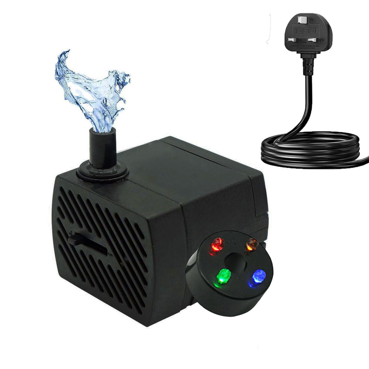 GERUI Small Water Feature Pump with 4 Colors of LED Lights, Small Submersible Water Pump 350L/H, 5W, Maximum Height of 0.85 m, Adjustable Ultra Silent Water Pump for Fish Tank, Aquarium, Hydroponics