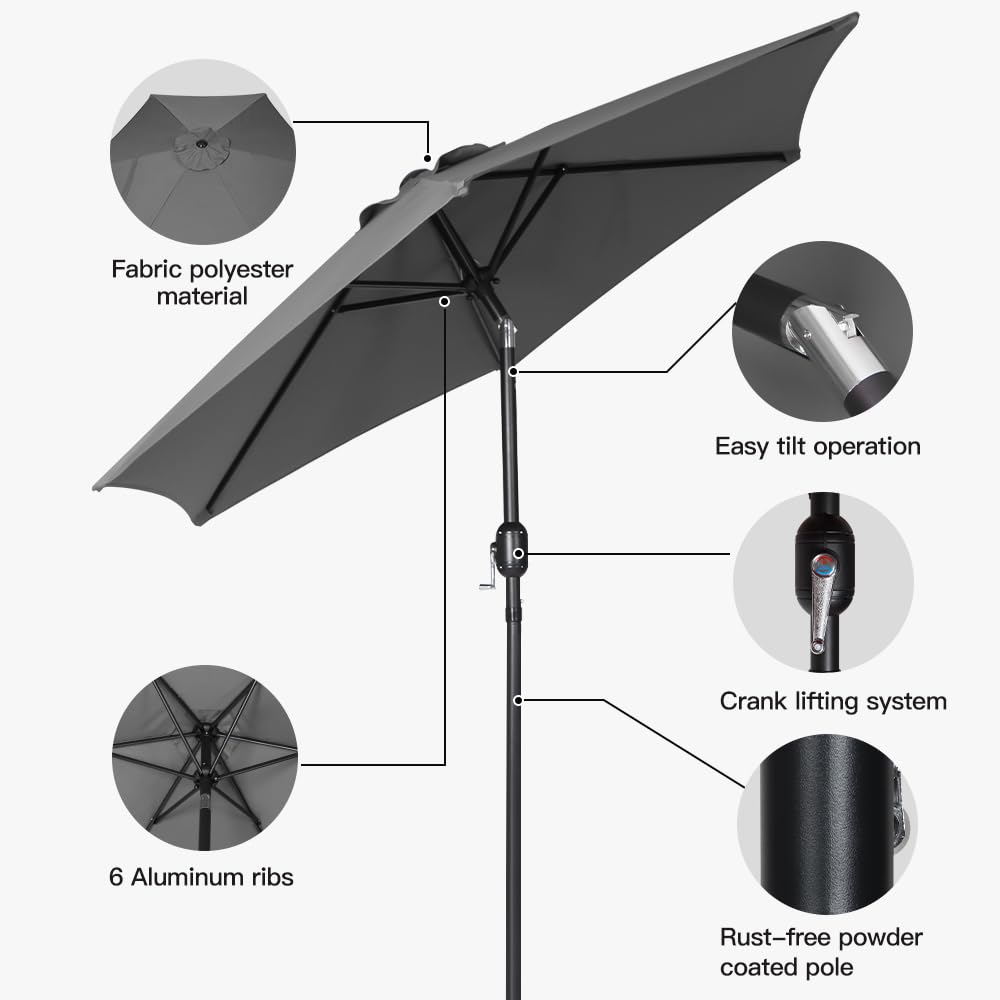 Panana Garden Parasol Sun Shade Outdoor Umbrella 8 Sturdy Ribs with Crank and Tilt Mechanism for Patio, Deck, Patio and Balcony (Dark Grey, 2.7M)
