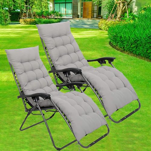XEO HOME 2pcs Sun Lounger Chairs with Cushions Padded Set of 2 Zero Gravity Reclining Foldable Chair Portable Garden Camping Thick Comfortable Non-Slip Relaxer (Black With Beige Grey Cushions)