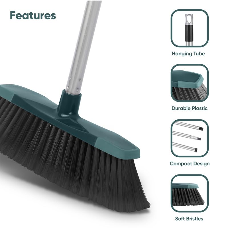12 inch Broom Soft Bristle Sweeping Brush, Wide, Floor Scrubber Indoor Long Handle Cleaning Brush,Sweeping Broom Brush with Hang Tube,for Sweeping Room Office Bathroom Kitchen 55 inch Long