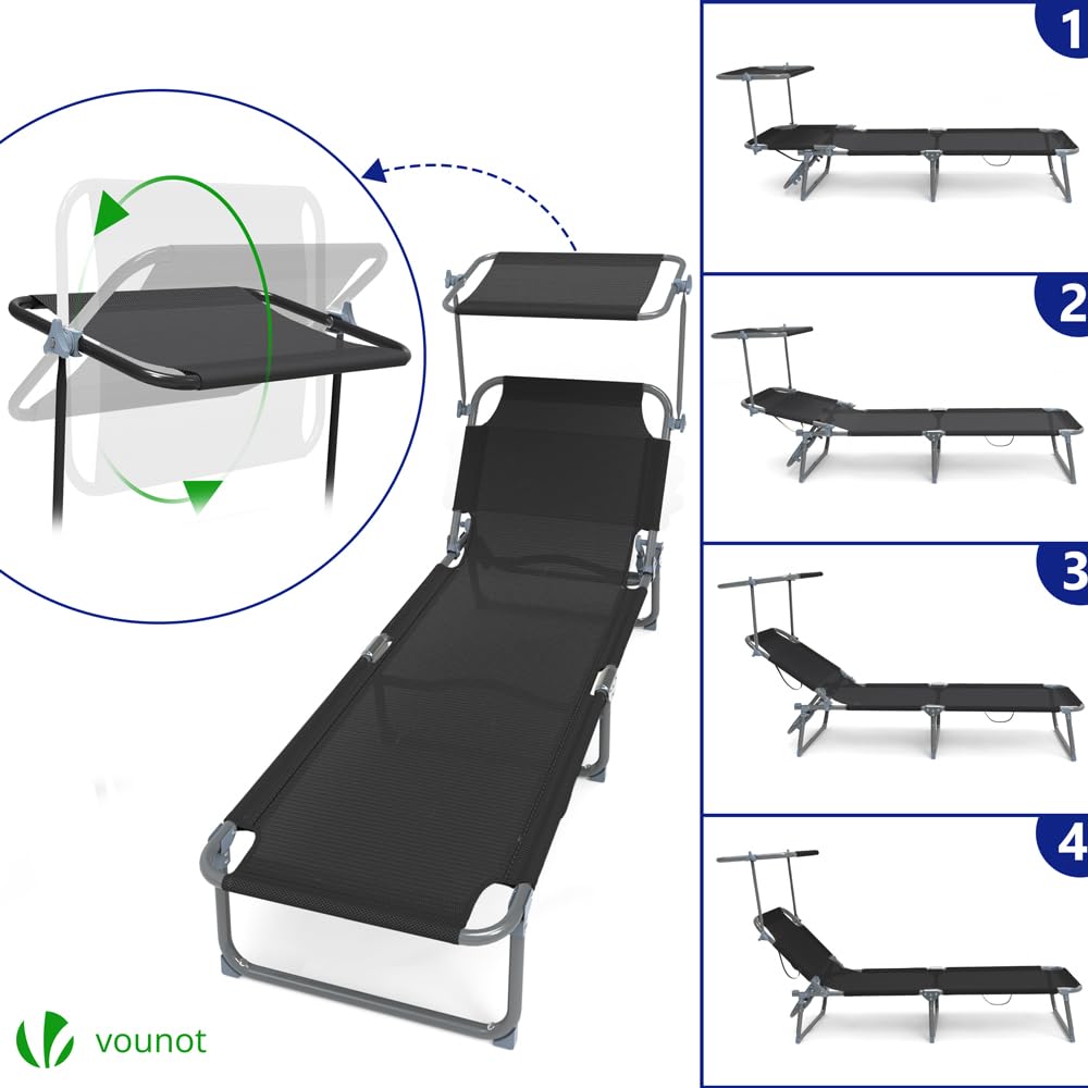 VOUNOT® Folding Sun Loungers Set of 2, Textilene Reclining Sunbed with Adjustable Backrest & Sunshade for Garden, Beach, Patio, Pool, Camp, Load 110 kg, Black