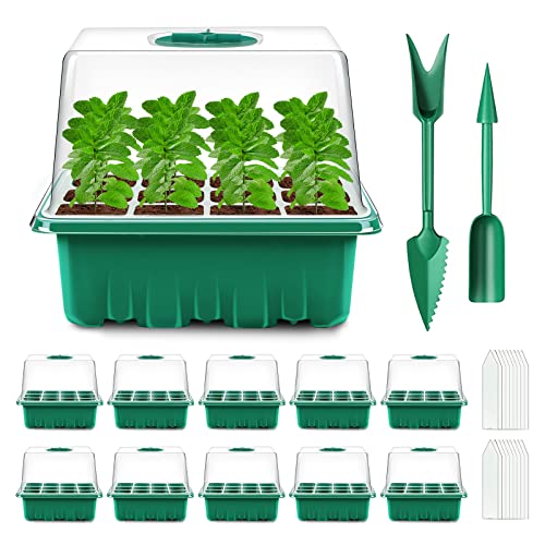 Verdenu 10 Pack Seed Trays, 120 Cells Seedling Trays with Heightened Lids, Plant Germination Trays Kit with Humidity Dome, Seed Propagator Tray Plant Starter for Greenhouse Plant