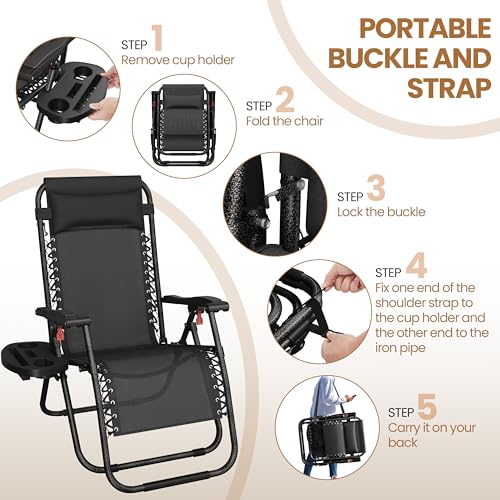 Yaheetech Zero Gravity Chairs Outdoor Adjustable Folding Sunloungers Lounge Recliners w/Pillows, Cup Holder and Carry Strap for Patio Porch Deck Black Set of 2
