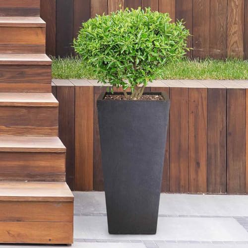 IDEALIST Set of 2 Small 50.5cm Tall Planter for Garden | Dark Grey Reinforced Stone Tapered Square Planter | Outdoor Pots with Drainage Holes L24.5 W24.5 H50.5 cm, 18 litres