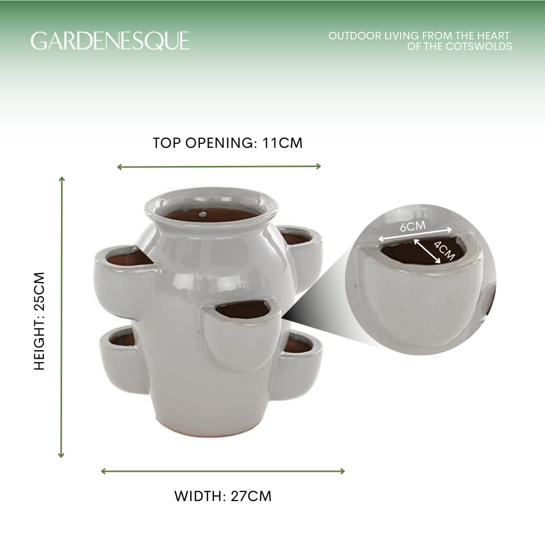 Gardenesque Tiered Planter, Succulent and Herb Plant Pot, Ceramic with Drainage Hole for Indoor and Outdoor Use, Grey - Small, H25 x W27cm