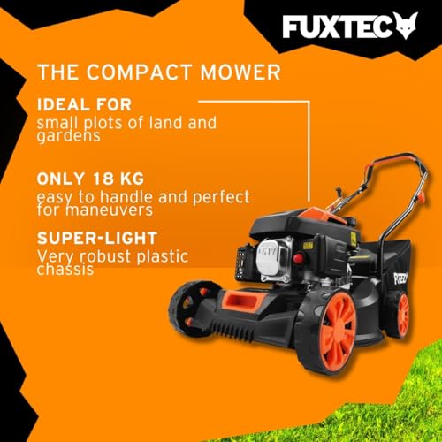 FUXTEC FX-RM4180 Petrol Lawnmower – Hand Push Lawn Mower -16" Cutting Width, Lightweight & Compact, 45L Grass Collector, Easy to Maneuver, Great for Small to Medium Lawns