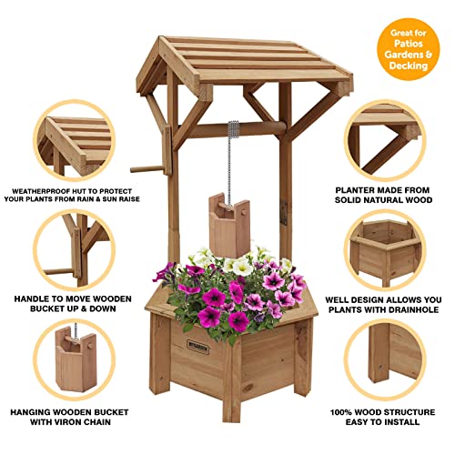 Vivo Technologies Wooden Wishing Well Planter for Garden, Wishing Well Garden Feature Outdoor Flower Pot Backyard Garden Decor, Natural