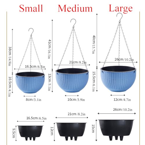 WOWEI 2 Pack Hanging Basket Outdoor Self Watering Hanging Plant Pot with Water Reservoir & Drain Hole Outdoor Hanging Baskets for Plants with Chains for Garden Flower Planter (Black, L)