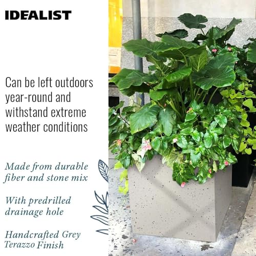 IDEALIST 50cm Large Square Planter for Trees | Grey Marble Effect Reinforced Stone Flower Pot with Drainage Holes L50 W50 H50.5 cm, 92 litres