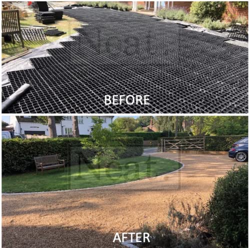 FXDM MEMBRANE INCLUDED - Gravel/Grass Grid Paver Path Base Mat FOR Greenhouse Deck Turf Lawn Shed Garden , Black, 40 Grids = 8m²