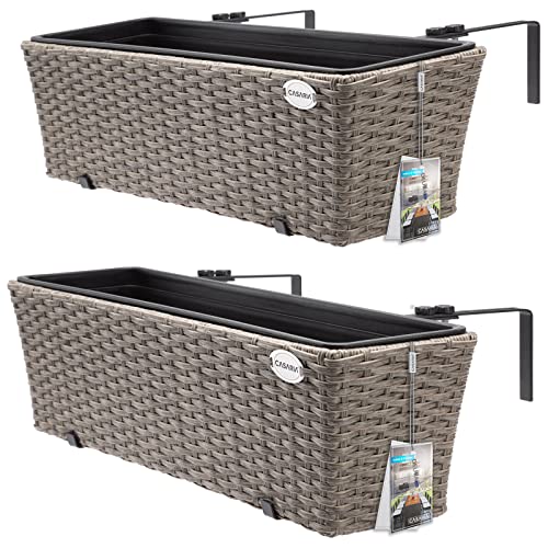 CASARIA® Set of 2 Flower Boxes | Weatherproof Rattan | Hangable with Mounting Brackets | Floating Planters Balcony | Windowsill | Railing | Gate | Fence | 60x20x19cm | 11 L | Cream