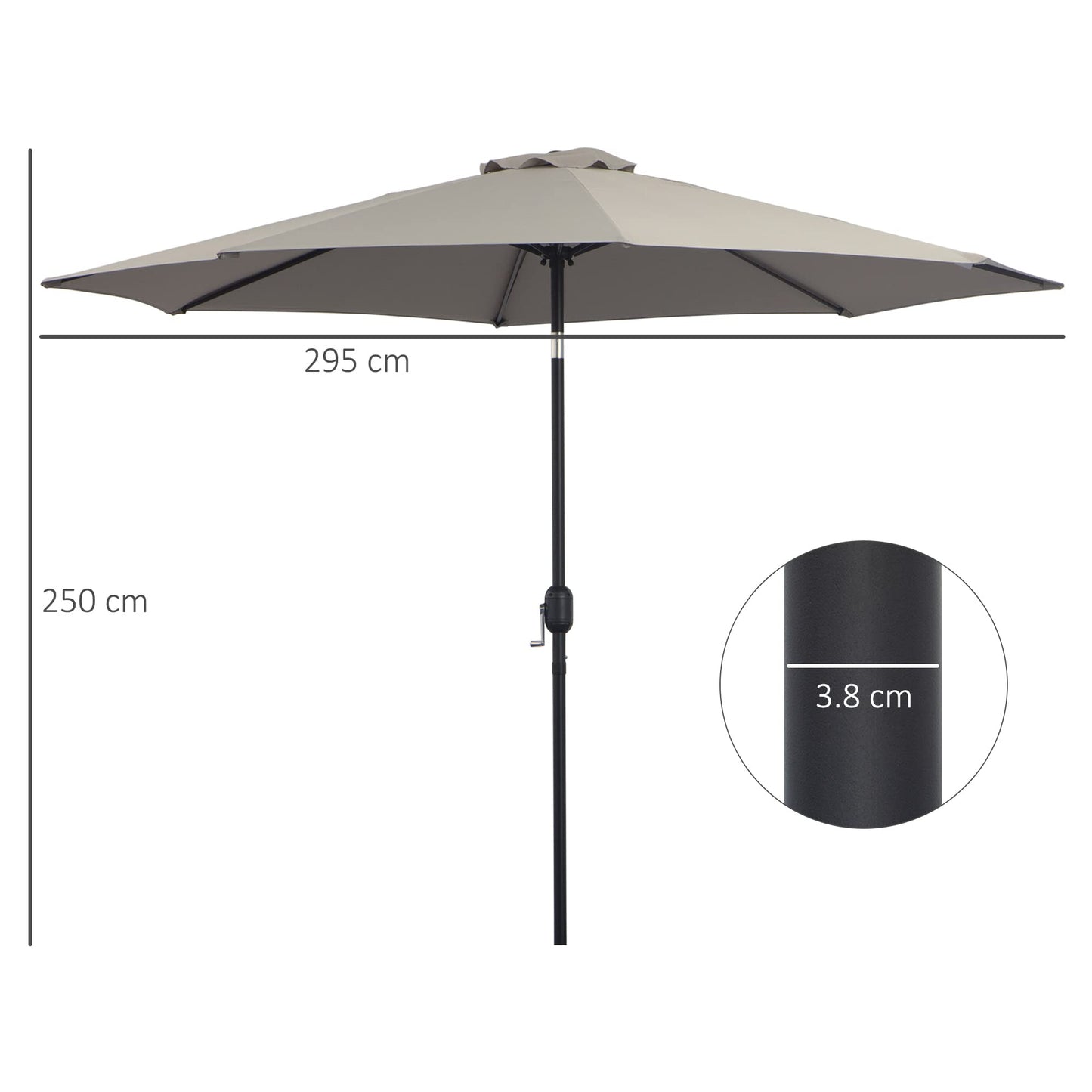 Outsunny 3(m) Garden Parasol Umbrellas, Outdoor Sun Shade with 8 Ribs, Tilt and Crank Handle for Balcony, Bench, Garden, Light Grey