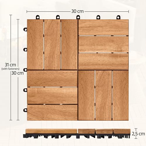 Yaheetech 1 Pack Acacia Wood Interlocking Patio Deck Tiles, Waterproof Solid Flooring Tiles for Indoor Outdoor, 31 cm W × 31 cm L Garden Deck for Patio Garden Poolside All Weather Use, Total 27pcs