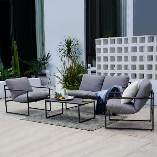 Grand patio Garden Furniture Set 4 Piece, Outdoor Patio Conversation Sofa Set with Cushion, Modern Metal Couch Loveseat Chairs and Coffee Table for Porch Balcony Backyard Living Room (Grey)