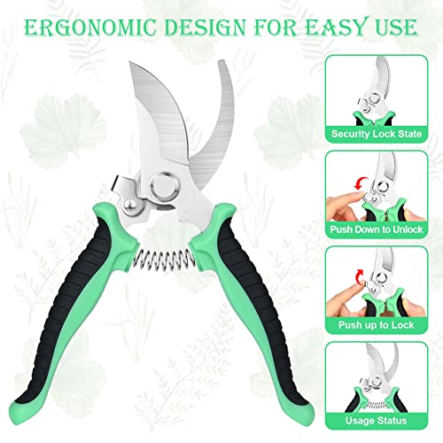 OFFCUP Garden Secateurs, Florist Scissors, Bypass Pruning Shears Professional Secateurs Pruning Scissors Snips with Gloves, Trimmer, Clippers with Locking Handle, Gardening Gifts for Men (Green)