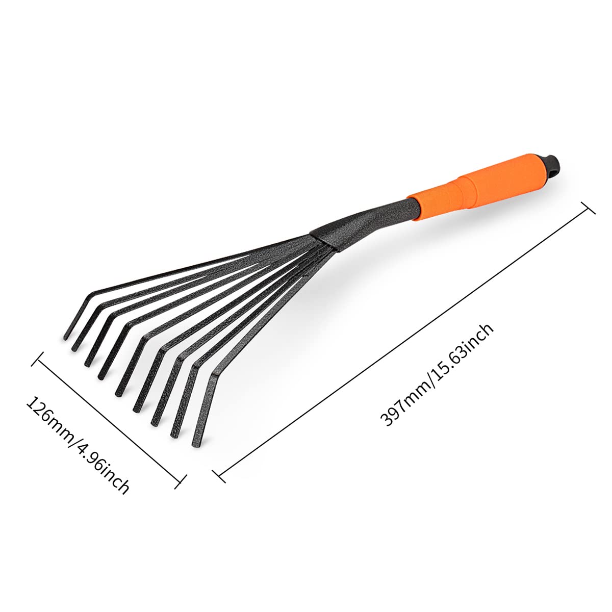Meccion Mini Garden Rake 16 Inch 9 Root Steel Hand Fan Leaf Rake with Ergonomic Comfort Grip & Rust Resistant - Professional Gardening Tool