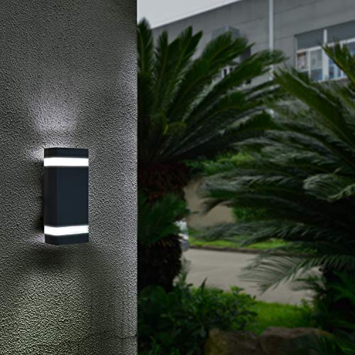 HLFVLITE 1002 LED Outdoor Wall Lamp, Aluminum Up/Down Outside Wall Light Exterior Wall Sconce, 2 * 5W 6400K Cold White Bulbs Included, IP44 Waterproof, Black