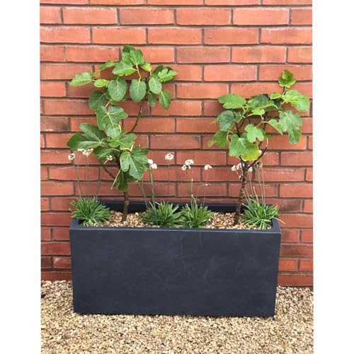 IDEALIST Set of 2 85cm Large Trough | Dark Grey Reinforced Stone Rectangle Plant Pot | Garden Planters with Drainage Holes L85 W26 H41 cm, 60 litres