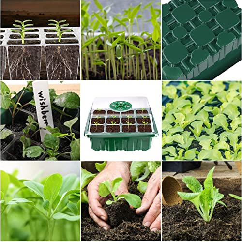 KAHEIGN 12Pcs Seed Starter Trays, 144 Cells Seed Propagator Trays Heavy Duty Plastic Plant Seed Growing Trays Kit with Adjustable Vents Dome and Base, 20Pcs Plant Labels, 2Pcs Seeding Tools