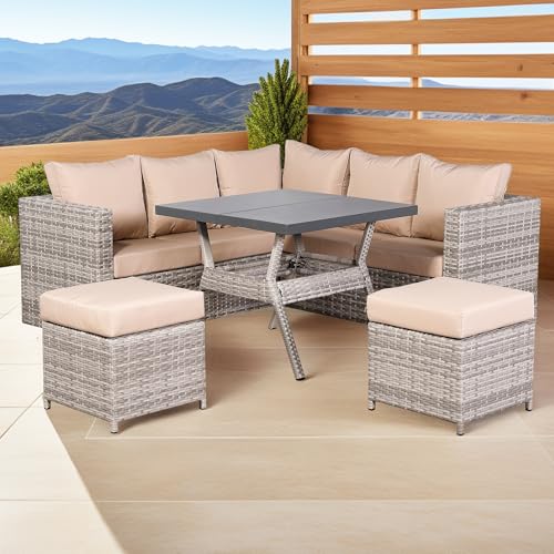 Club Rattan Garden Corner Sofa Sets with Dining Table and 2 Stools in Light Grey Rattan, 7 Seater Rattan sofa garden furniture
