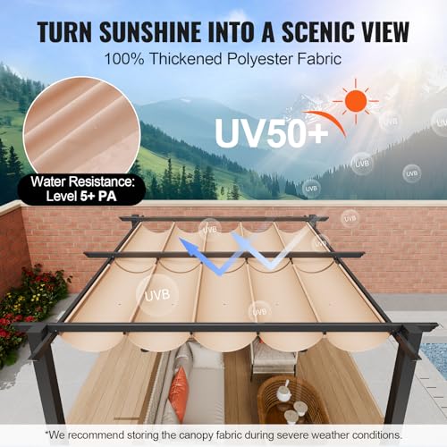 VEVOR 10'x10' Outdoor Retractable Pergola with Canopy, Aluminum Pergola with Retractable Canopy, Modern Style, Sun Shade for Patios, Gardens, Decks, Backyards (Beige)