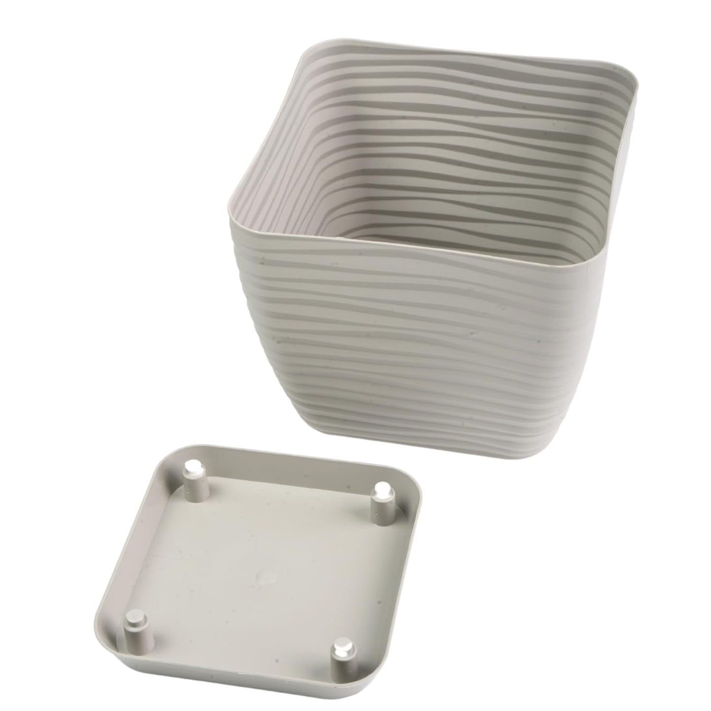 B2C Plant Pot Flowerpot Square Plastic Modern Decorative Wave Grooves Textured Elegant & Modern With Saucer (Light grey, 13cm)