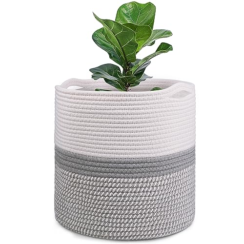tenn well 30cm Indoor Pot for Plants with Liner, Cotton Woven Storage Basket Large Plant Pots for Indoor Plants, Flower Pot, Laundry Organiser and Home Decoration (White and Grey)