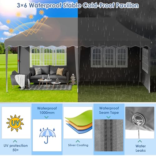 LIFERUN 3mx6m Pop Up Gazebo, Waterproof Folding Tent with 6 Removable Sidewalls, 6 Sandbags & Storage Bag, UPF50- Marquee Canopy Outdoor Pavilion, Event Shelter for Garden Party Wedding Market Camping