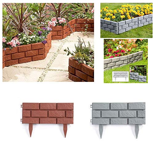 Pack of 8 Plastic Brick Effect Lawn Garden Grass Edging Skirting Border Picket Fence in 2 Colours For Great Garden Finish (Terracotta)