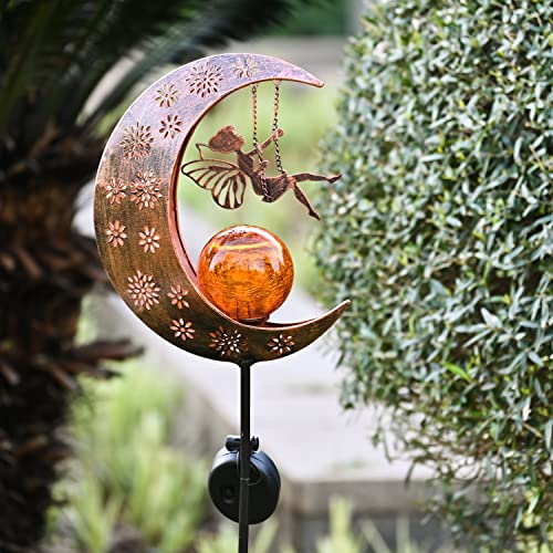 TERESA'S COLLECTIONS Fairy Garden Ornaments Outdoor, Large Fairy Swinging on the Moon Solar Lights for Garden Gifts, Solar Stake Lights with Crackle Glass Ball for Lawn Yard, Garden Path, 39inch