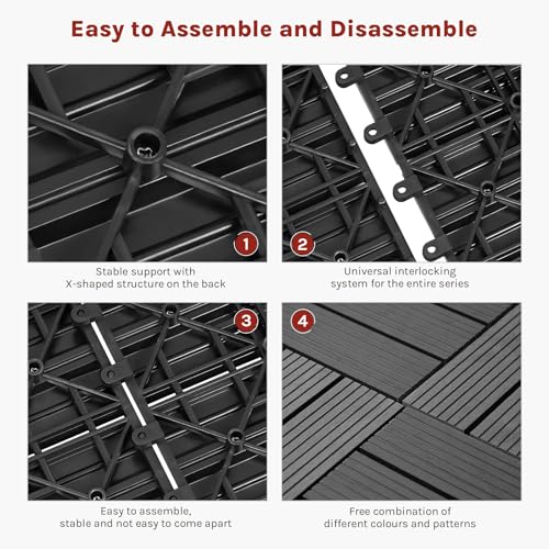 WOLTU 6 x WPC Composite Decking Boards 30 x 60 cm (1 m²) Interlocking Wood Effect Terrace Tiles Flooring with Click System, Grey, GTF005gr