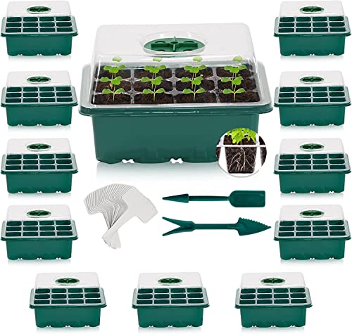 KAHEIGN 12Pcs Seed Starter Trays, 144 Cells Seed Propagator Trays Heavy Duty Plastic Plant Seed Growing Trays Kit with Adjustable Vents Dome and Base, 20Pcs Plant Labels, 2Pcs Seeding Tools