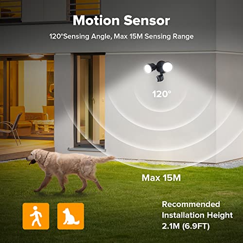 LUTEC Security Light Outside Lights with Sensor Outdoor Wall Lights Integrated Twin Heads Flood Light, Exterior for Yard Black 5000K 1250LM