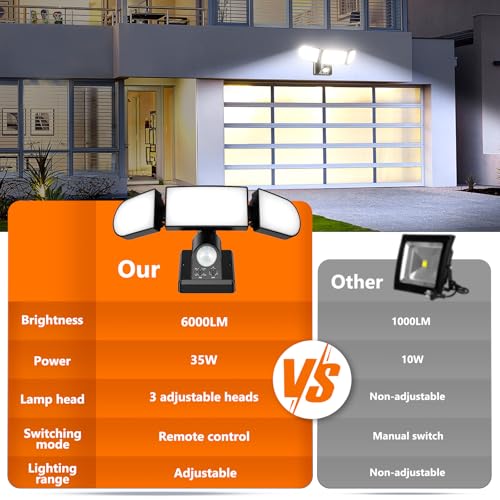 Ushine 35W Security Lights Motion Sensor, 6000LM LED Floodlights with PIR Remote Control, IP65 Waterproof Outdoor Sensor Light & 3 Adjustable Heads for Garage, Yard - Black