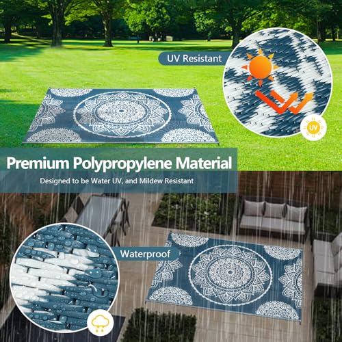 Famibay Outdoor Rug Waterproof Plastic Straw Garden Rugs Reversible Rug 120 x 180 cm Outdoor Patio Carpet UV Resistant Portable Mandala Area Rug for RV Balcony Picnic Blue