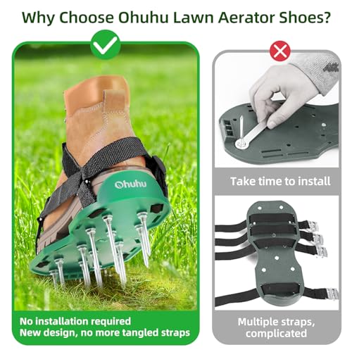 Ohuhu Lawn Aerator Shoes with Stainless Steel Shovel, Free-Installation Aerating Shoes with Hook & Loop Straps, Heavy Duty Spiked Aerating Sandals, Universal Size for Yard Patio Garden Grass Lawn
