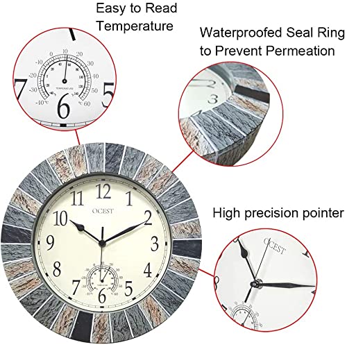 OCEST 13 Inch Garden Clocks Outdoor Waterproof, Large Retro Wall Clock with Thermometer Battery Operated Non Ticking Decorative for Patio Pool Kitchen